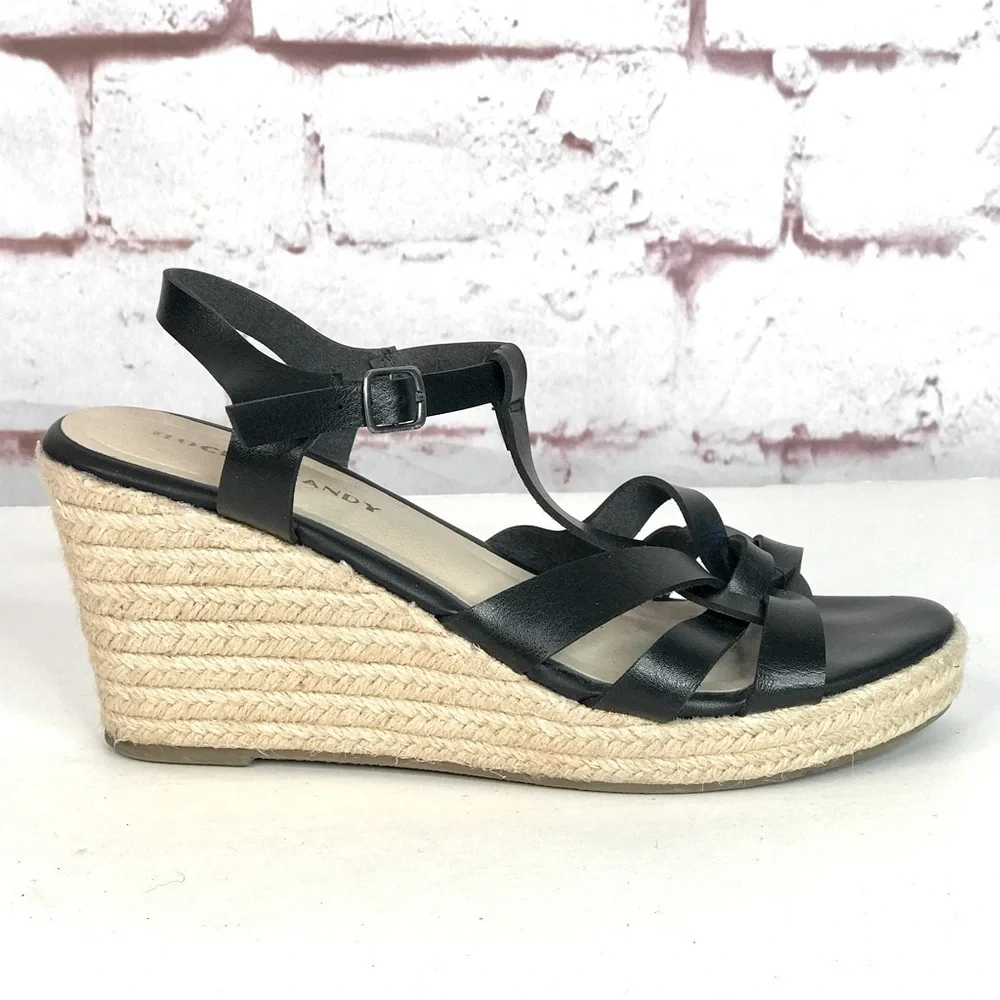 ROCK & CANDY  Fola Espadrille Jute Wrapped Wedge Sandals 8.5 Black faux leather